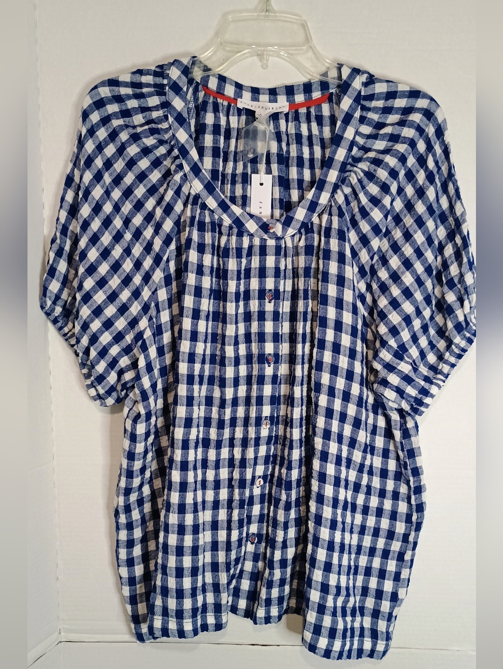 Jane & Delancey Checked Button-Front Short Sleeve Top in Blue and White Size XL - Picture 2 of 7